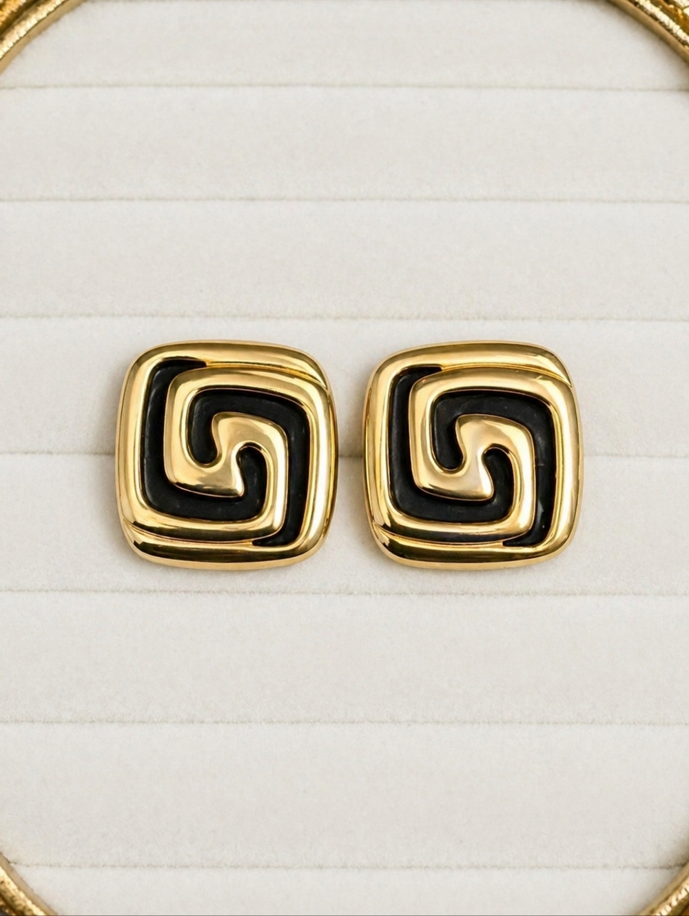 Vintage NAPIER Gold & Black Enamel Greek Key Screw back Earrings